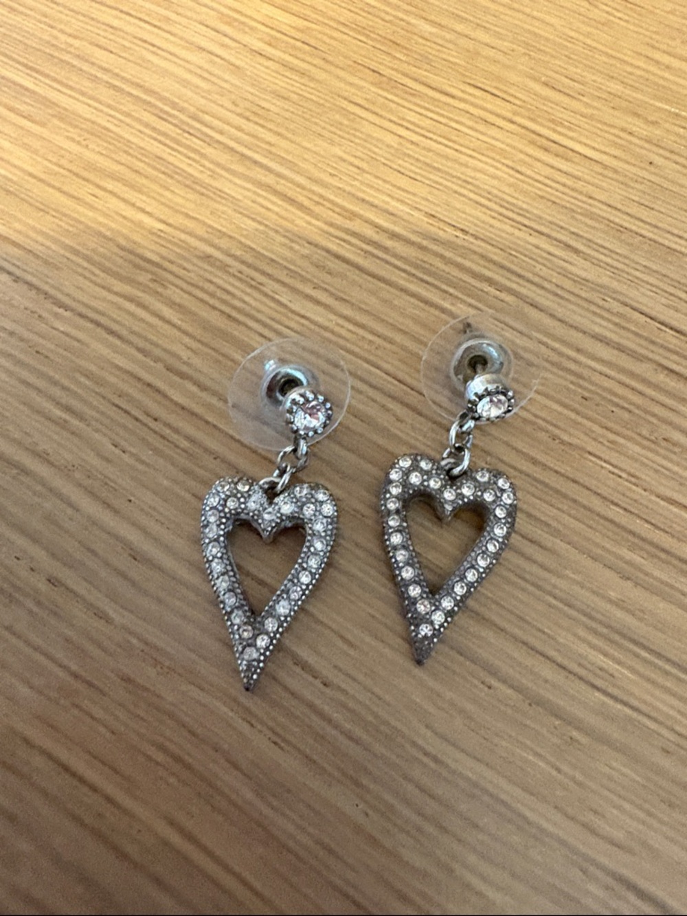 Brighton Silver Rhinestone Dangle Heart Earrings with Love on the Back